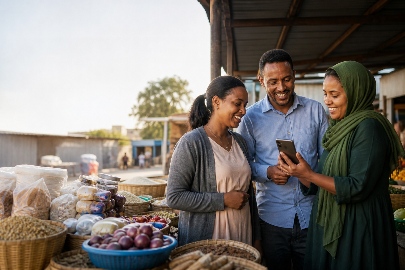 Veltix customers and local sellers connecting at a marketplace